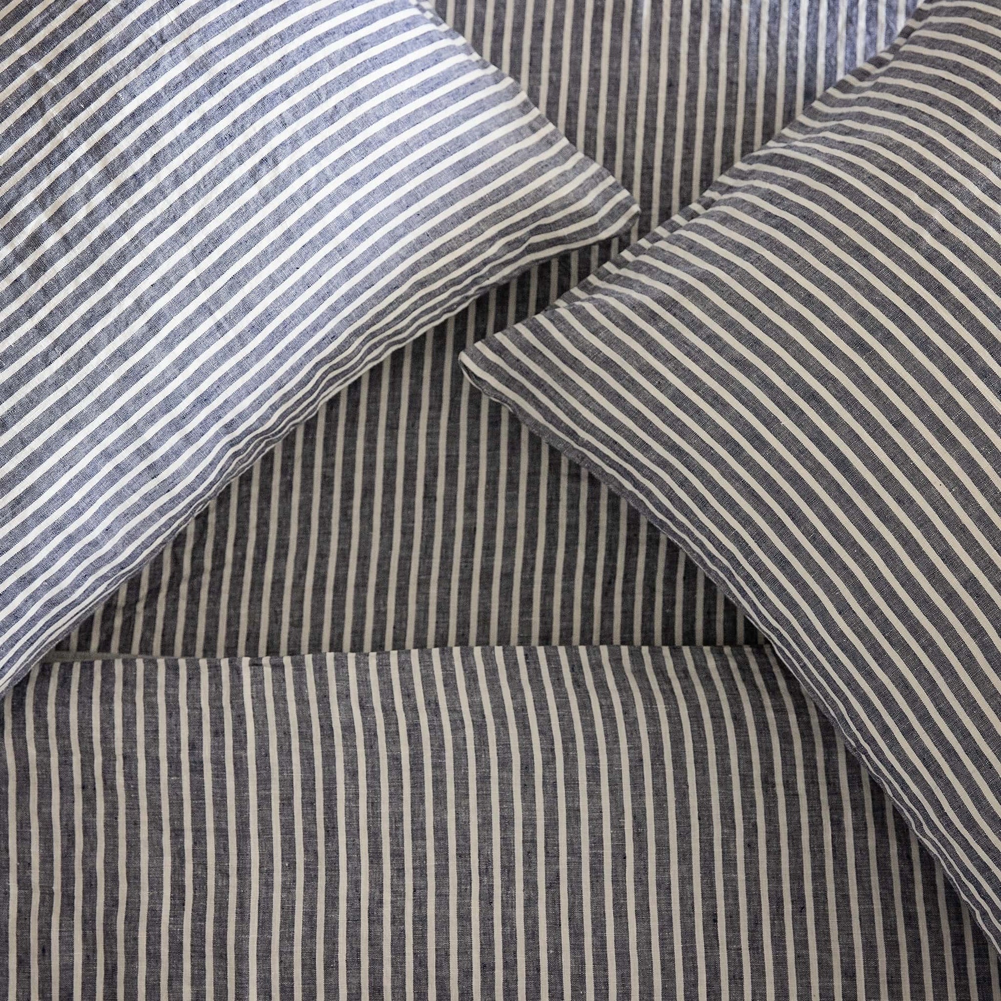 Chambray stripe linen duvet and pillows