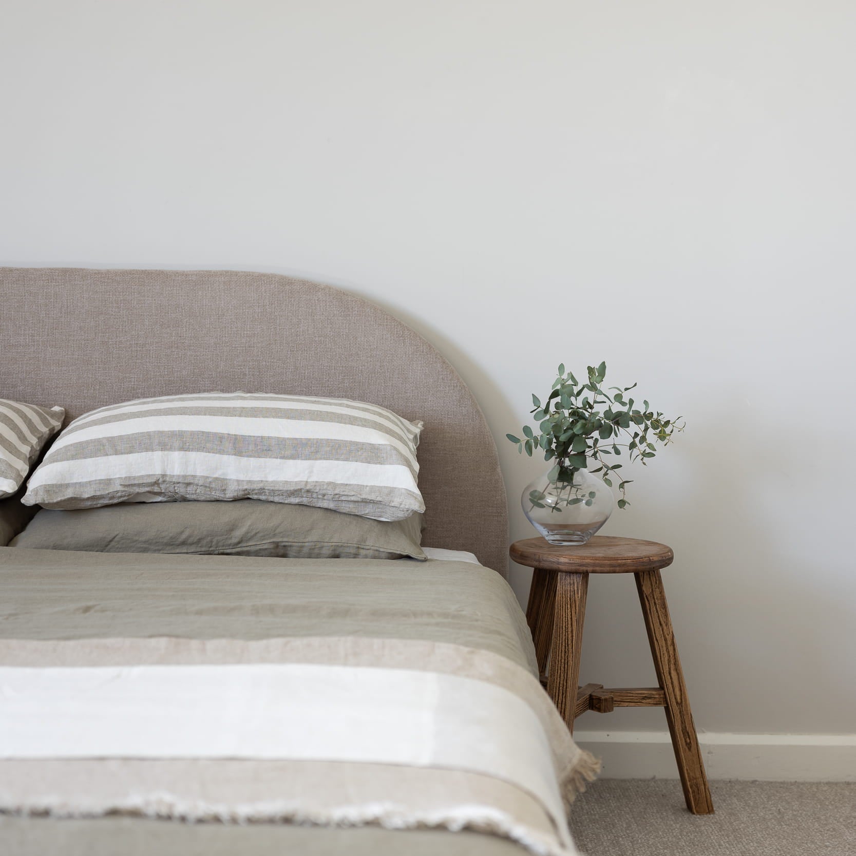 Tess and Tess Stripe reversible duvet cover made from linen, mossy green and ivory colour 