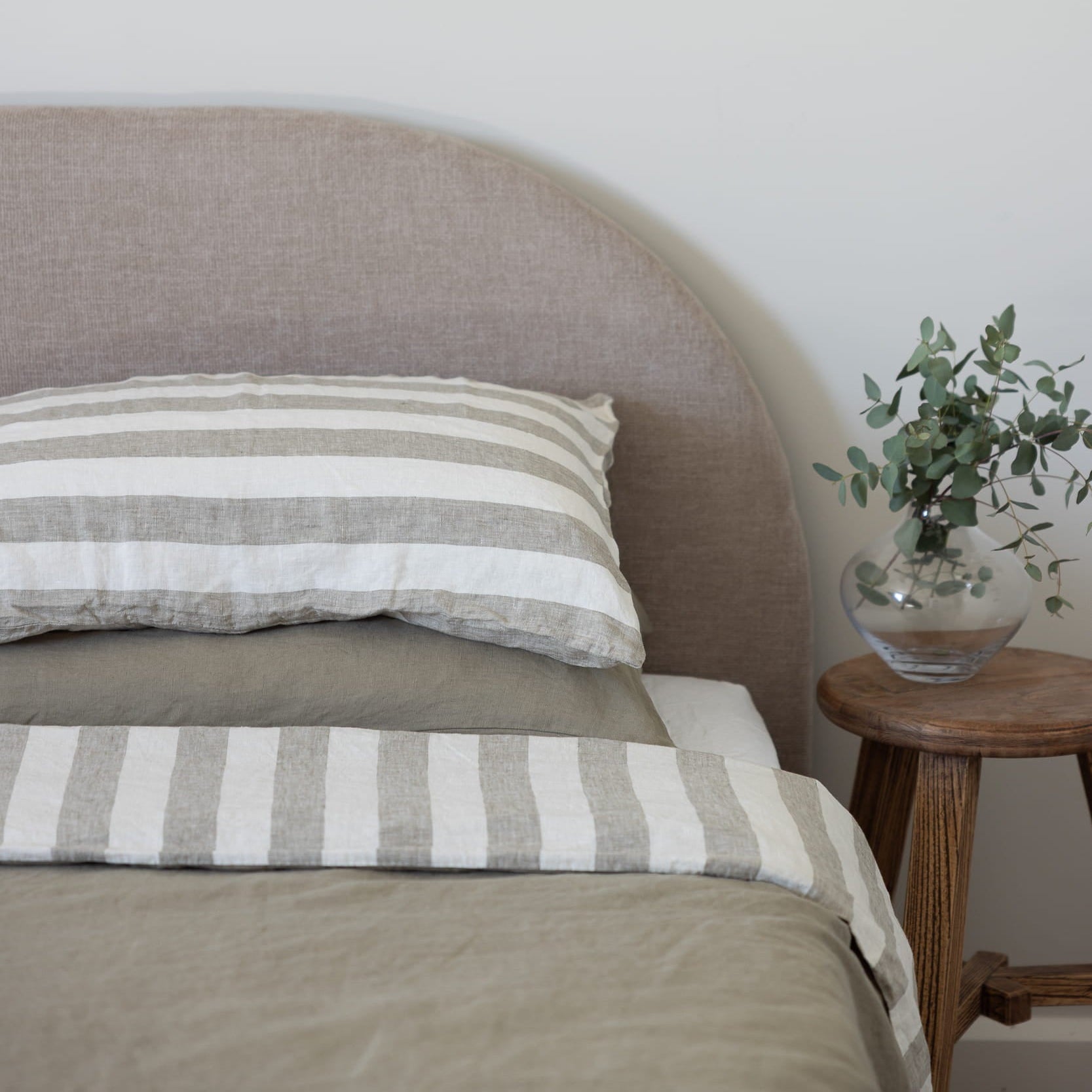 Tess and Tess Stripe reversible linen duvet cover, pillowcases, mossy green and ivory hues 