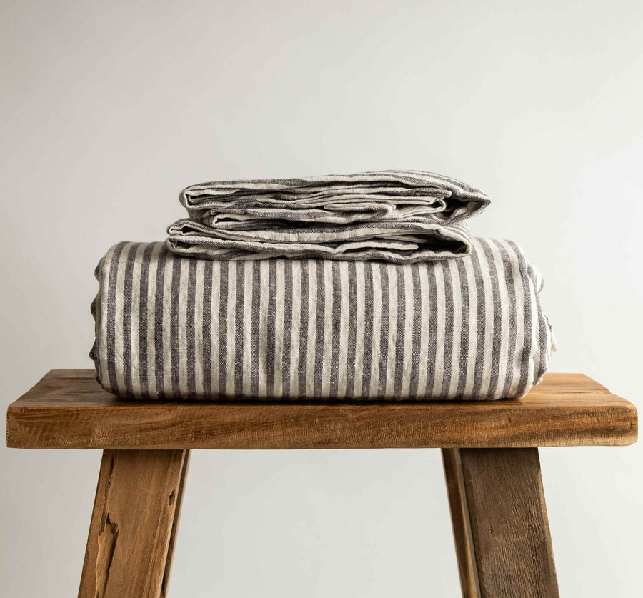 Charcoal stripe 100% Pure French Flax Linen Fitted Sheet