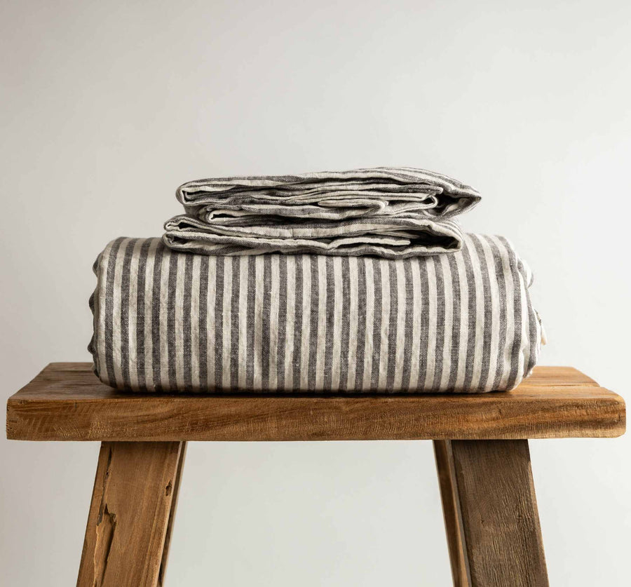 Charcoal stripe 100% Pure French Flax Linen Flat Sheet